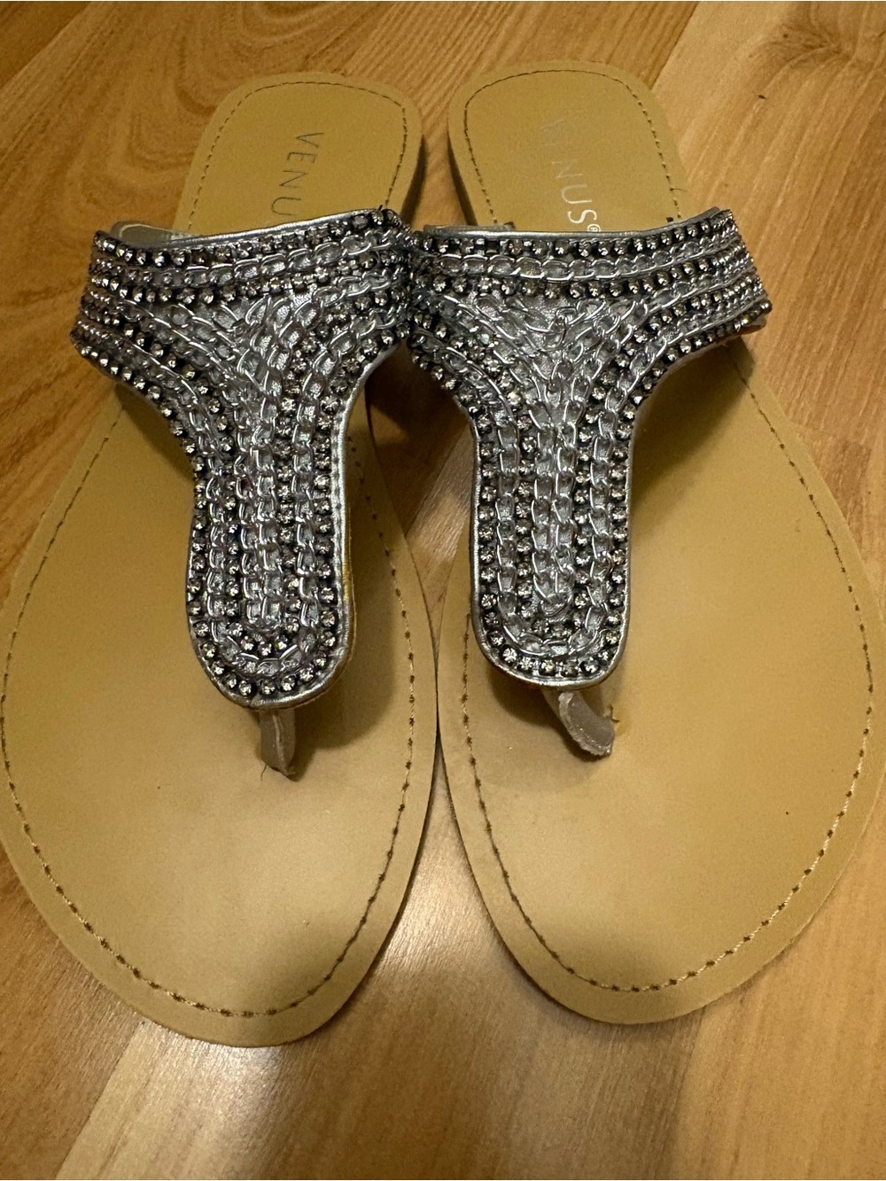 VENUS Silver Rhinestone Thong Sandals with Tan Footbed